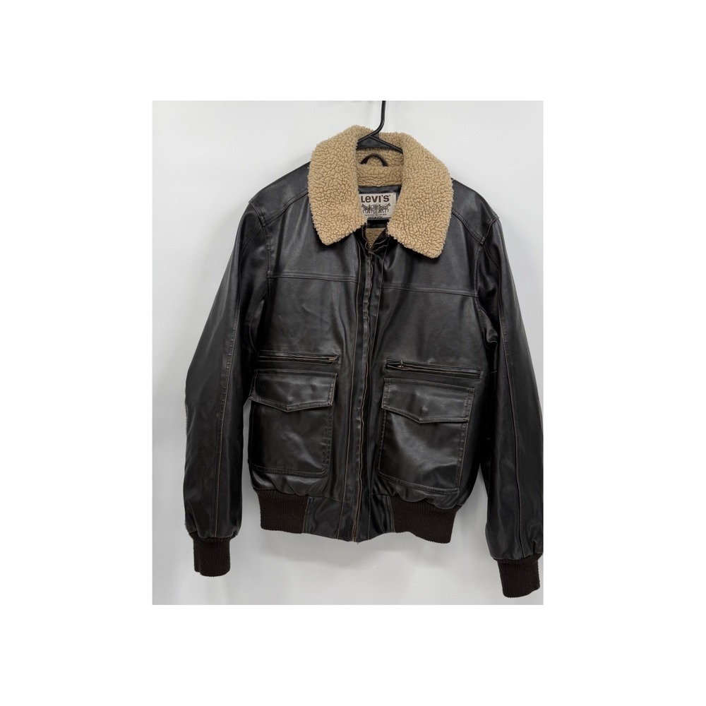 Levis Medium Bomber Jacket Mens Brown Faux Leather Sherpa Collar Aviator RN54163